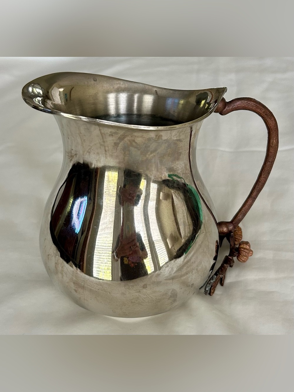 Vintage Silver-Tone Metal Pitcher with Decorative Copper Acorn Handle